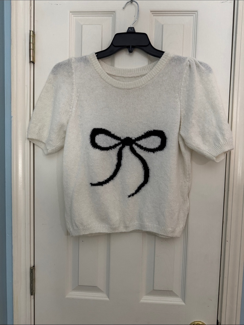 Anthropology Women’s Cream Sweater with Black Bow Motif